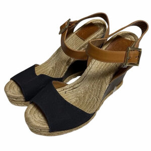 Tory Burch Tan Black Espadrille Wedge Sandals Ankle Strap Womens 9 Vacation Boho